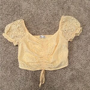 Hollister Yellow Puff Sleeve Crop Top with Ruched Tie Front